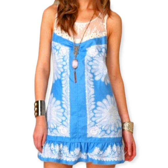 Free People Dresses & Skirts - Free People Lace Linen Blue Dress - 6